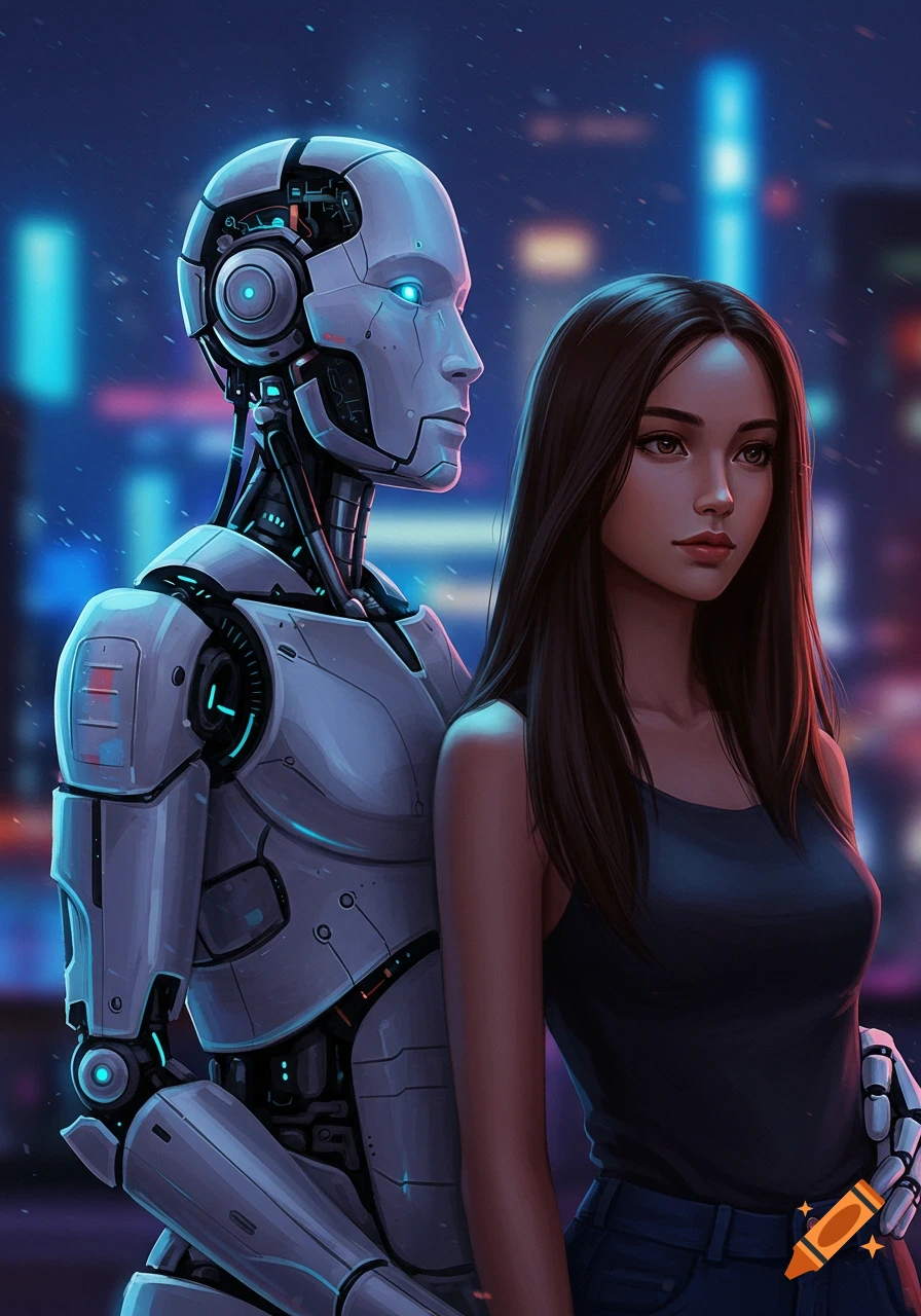 A humanoid robot and a woman with long dark hair stand together in a neon-lit futuristic city, digital art style.
