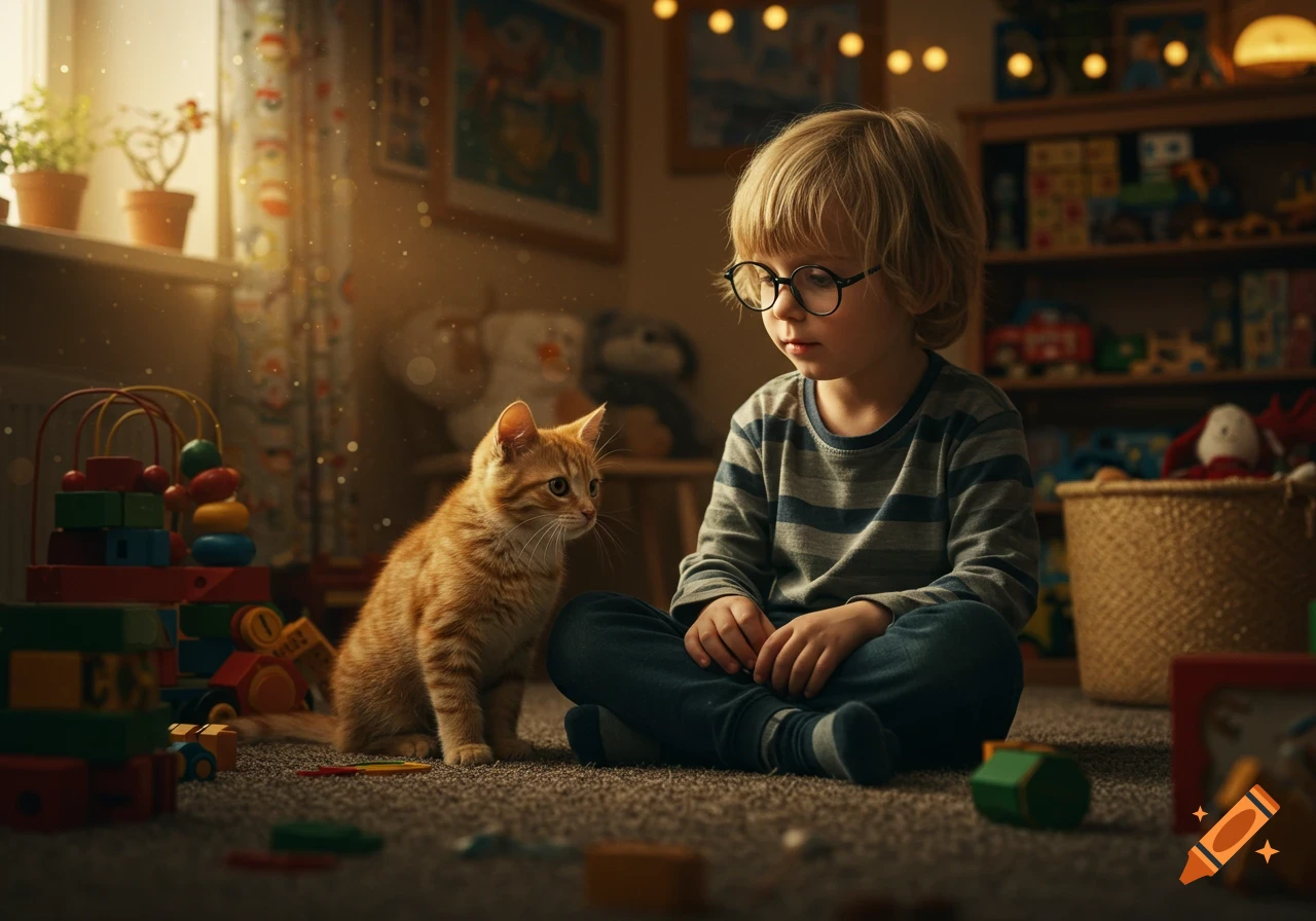 A young boy in glasses sits on a carpet with an orange tabby cat in a sunlit playroom filled with toys, photorealistic.