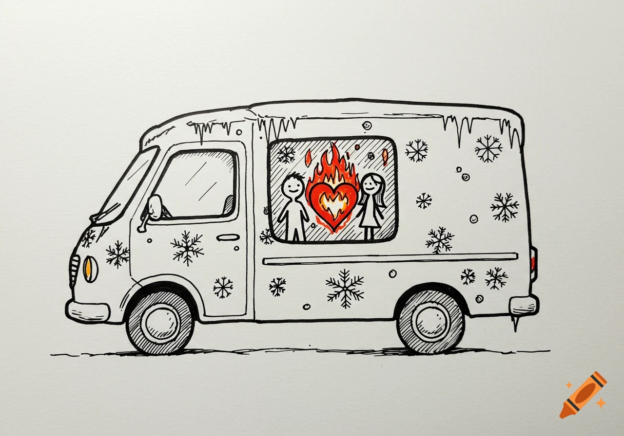 A hand-drawn black and white sketch of a van decorated with snowflakes and icicles. A window in the back shows a man and woman stick figure with a flaming heart between them.