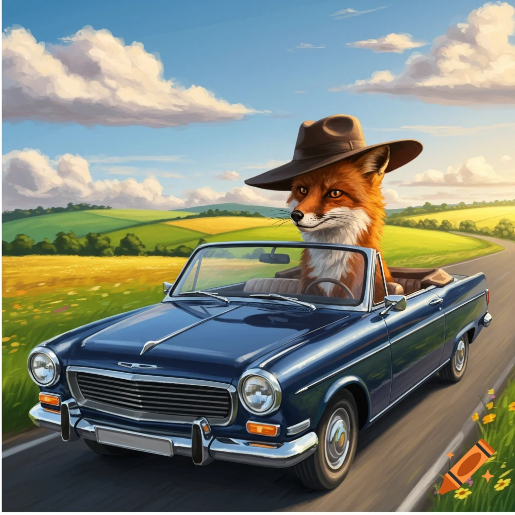 A cartoonish fox in a brown hat drives a blue classic convertible car down a winding road through green and yellow fields under a blue sky.