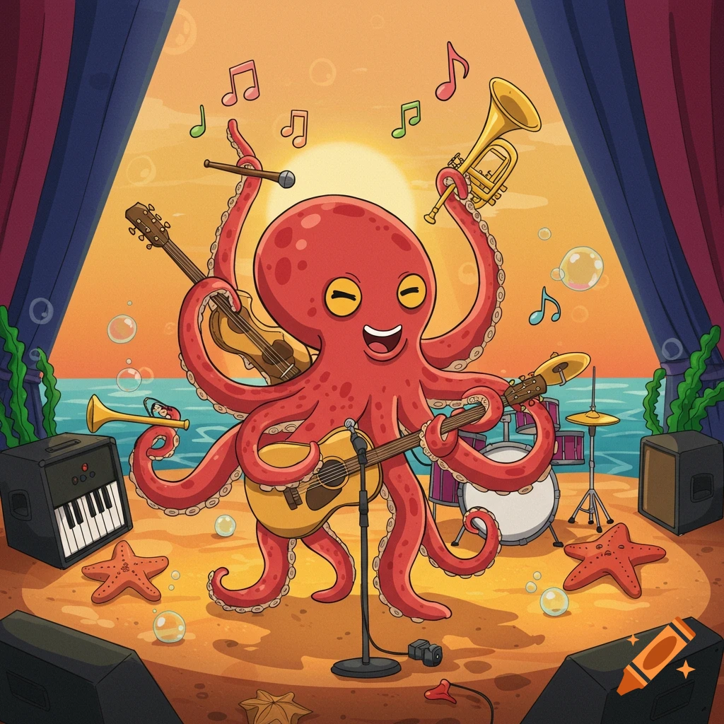 A cartoon red octopus plays guitar, trumpet, and drums on a sandy beach stage with curtains, under a sunset sky.