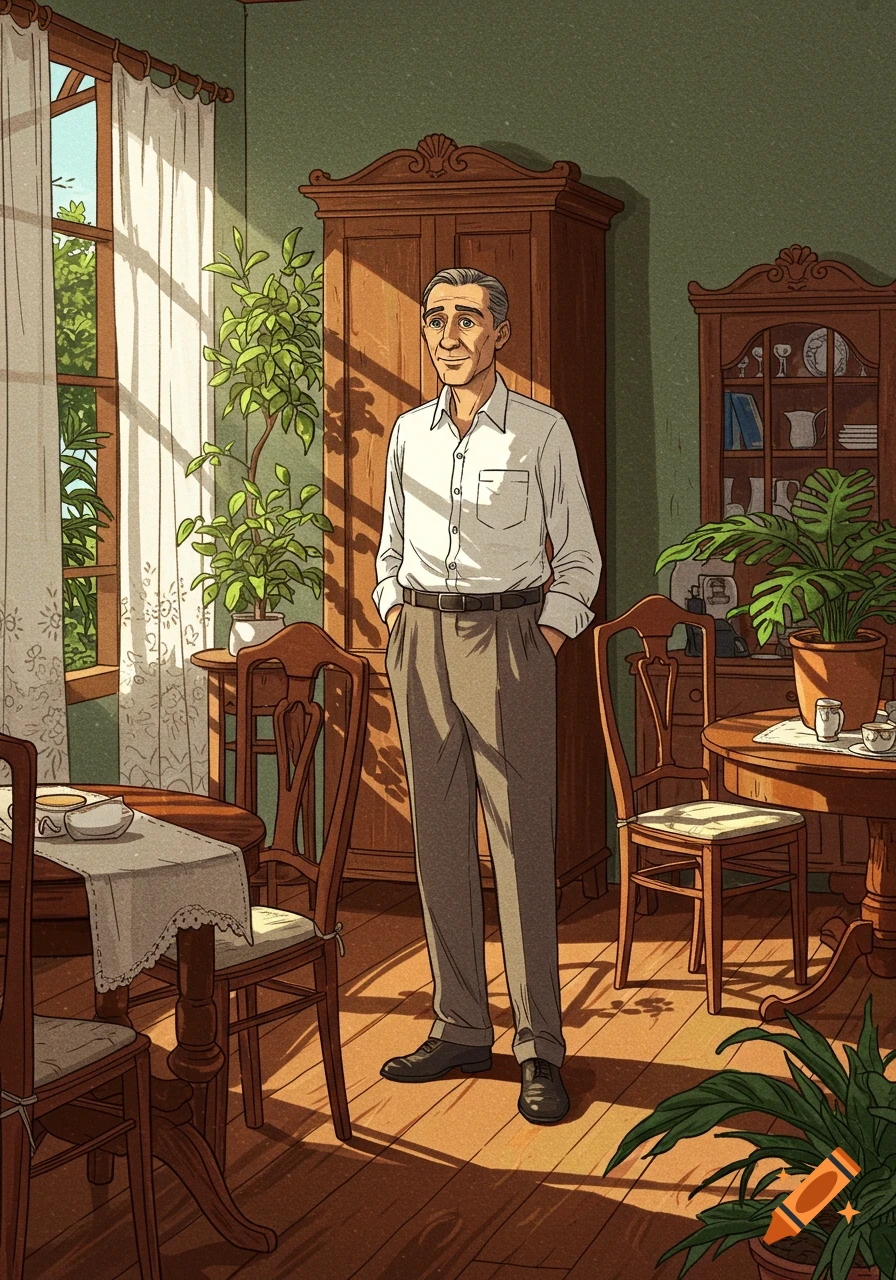 An illustrated older man with gray hair stands in a sunlit, traditional room with wooden furniture and plants, hands in pockets.