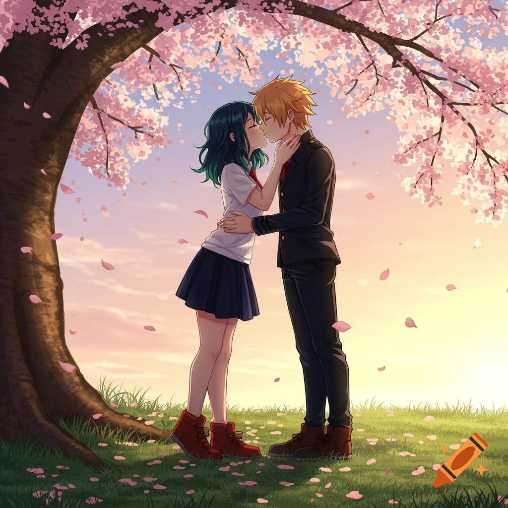 Anime couple kissing under a cherry blossom tree with pink petals falling at sunset.