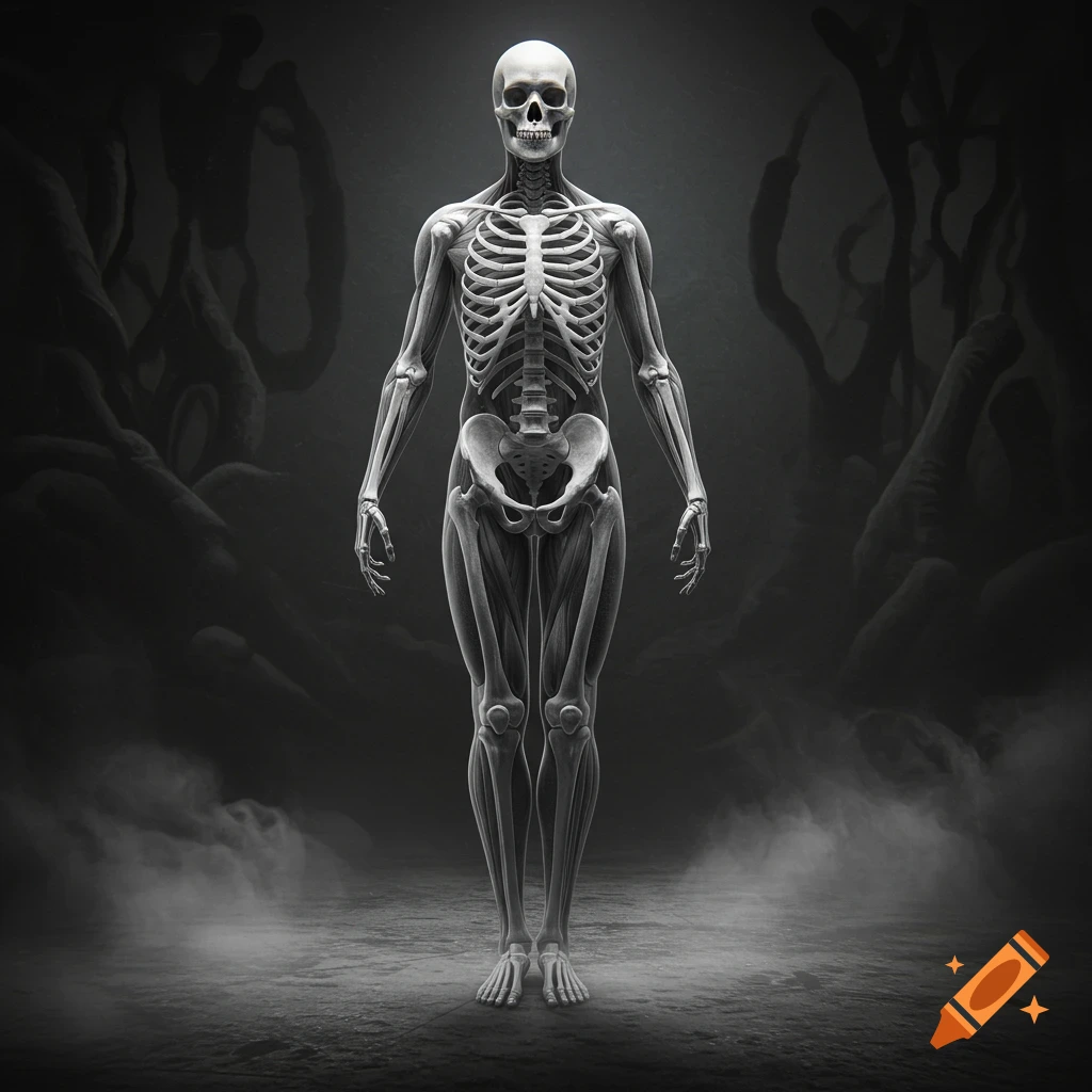 A full human skeleton with muscle definition stands in a dark, smoky setting with shadowy background figures.