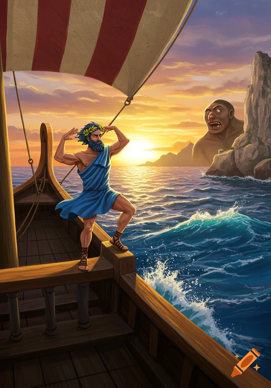 Odysseus on a sailing ship, making a gesture while a cyclops glares from a rocky island at sunset. Illustration.
