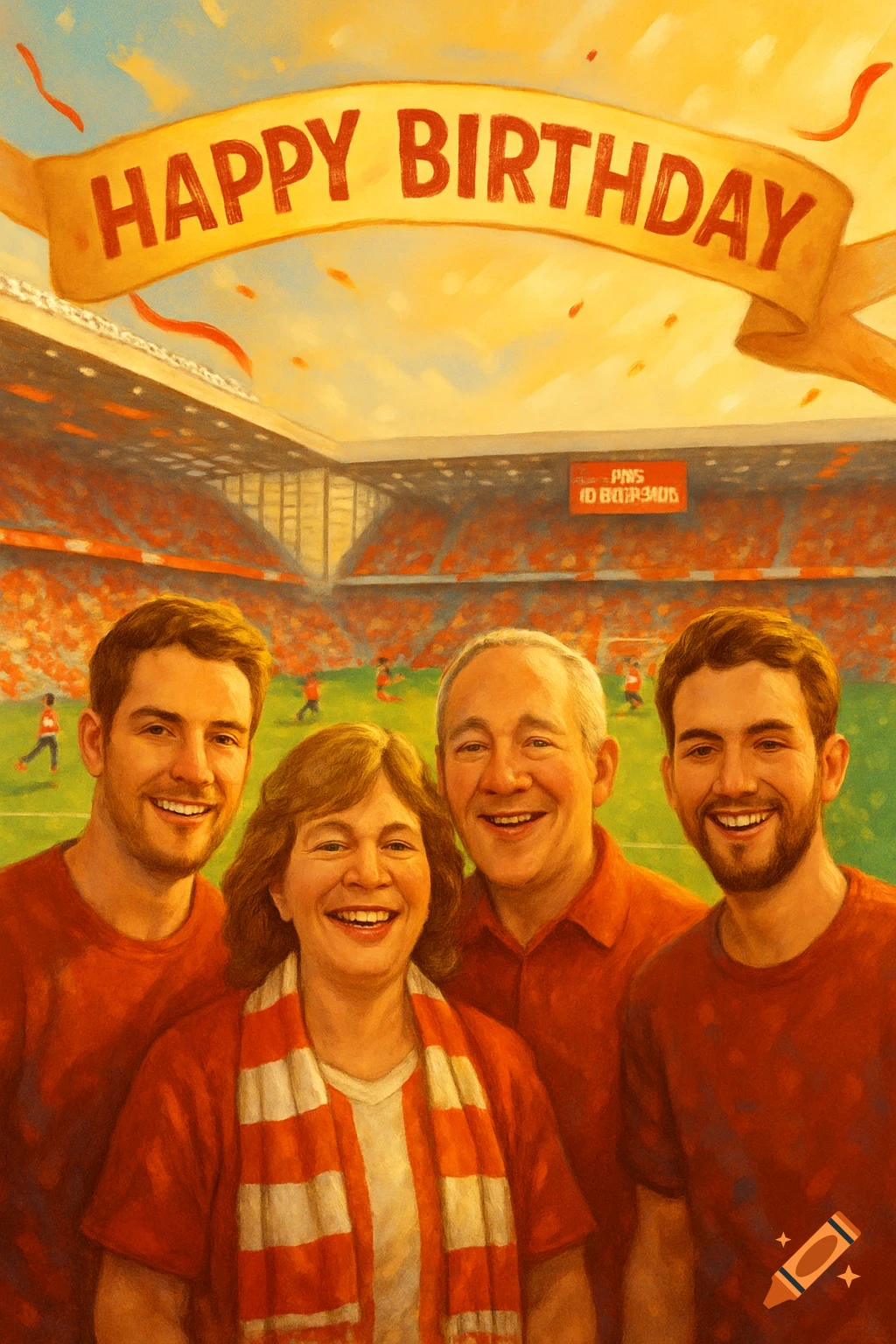 A smiling family of four in red shirts at a sunny football stadium with a "HAPPY BIRTHDAY" banner overhead, in a painterly style.
