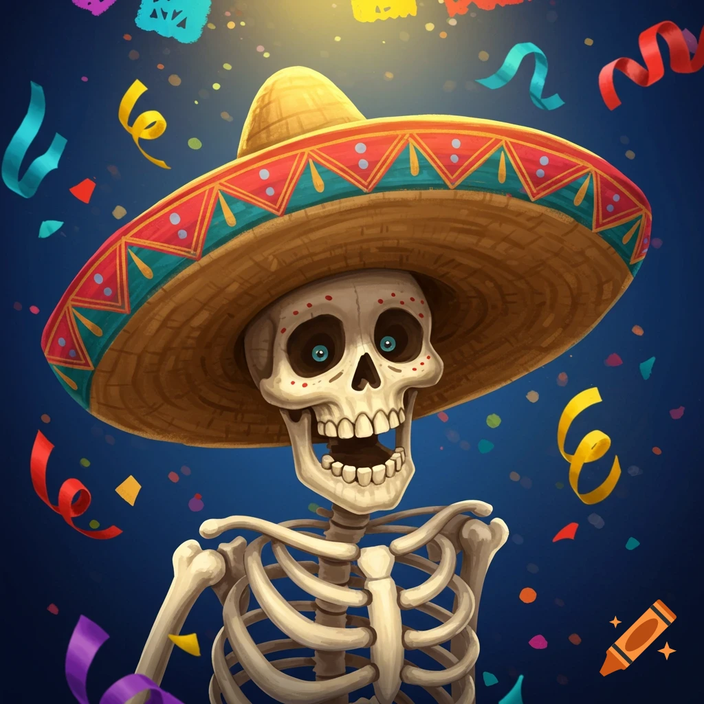 Cartoon skeleton wearing a sombrero, smiling happily with wide blue eyes, surrounded by colorful confetti against a dark blue background.