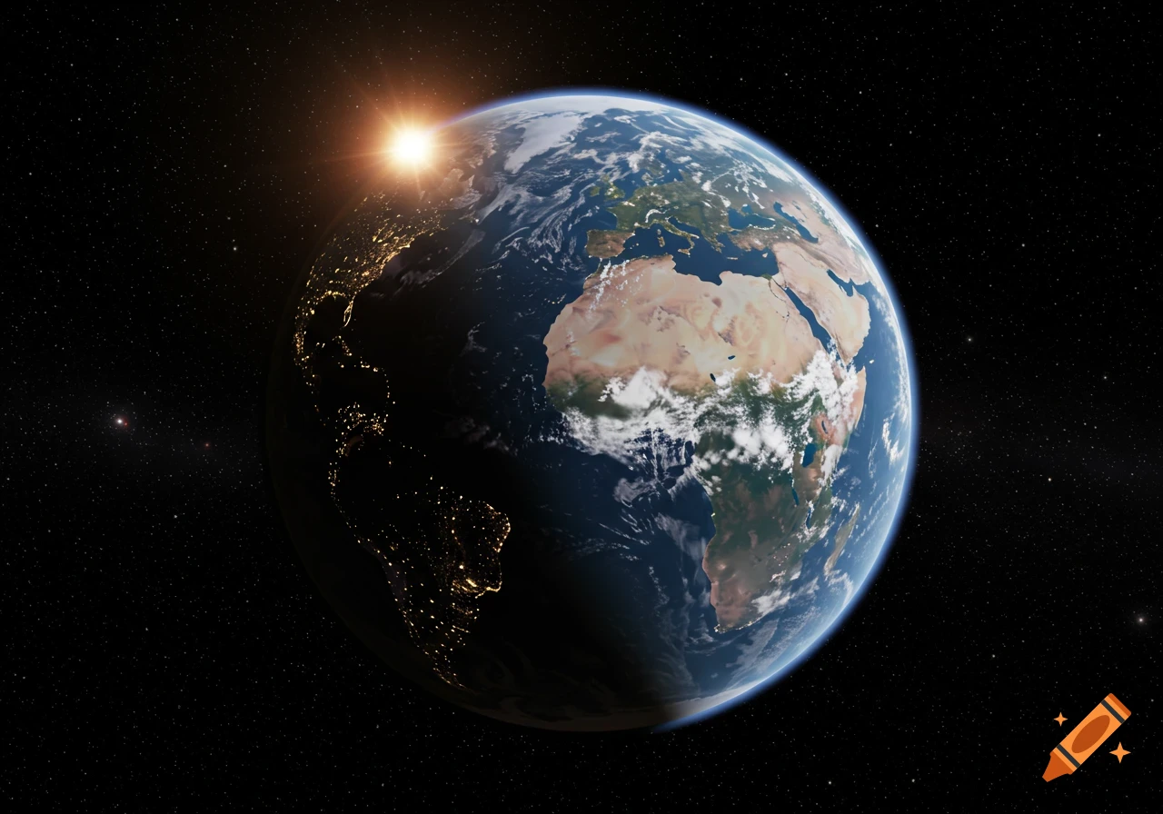 Photorealistic Earth from space with a sunrise, showing continents and city lights.