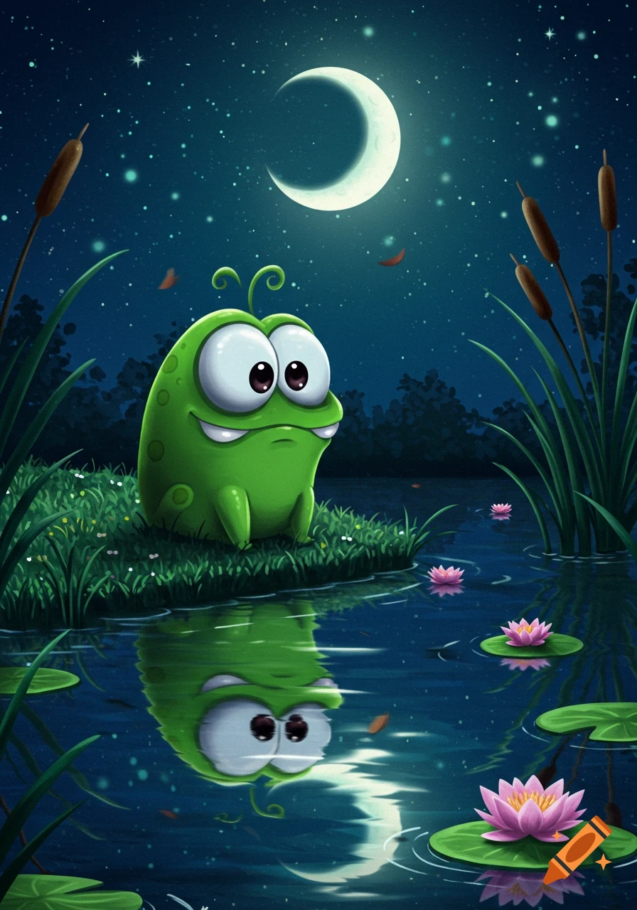 A cute green cartoon frog-like character sits by a pond at night under a crescent moon, reflected in the water with pink water lilies.
