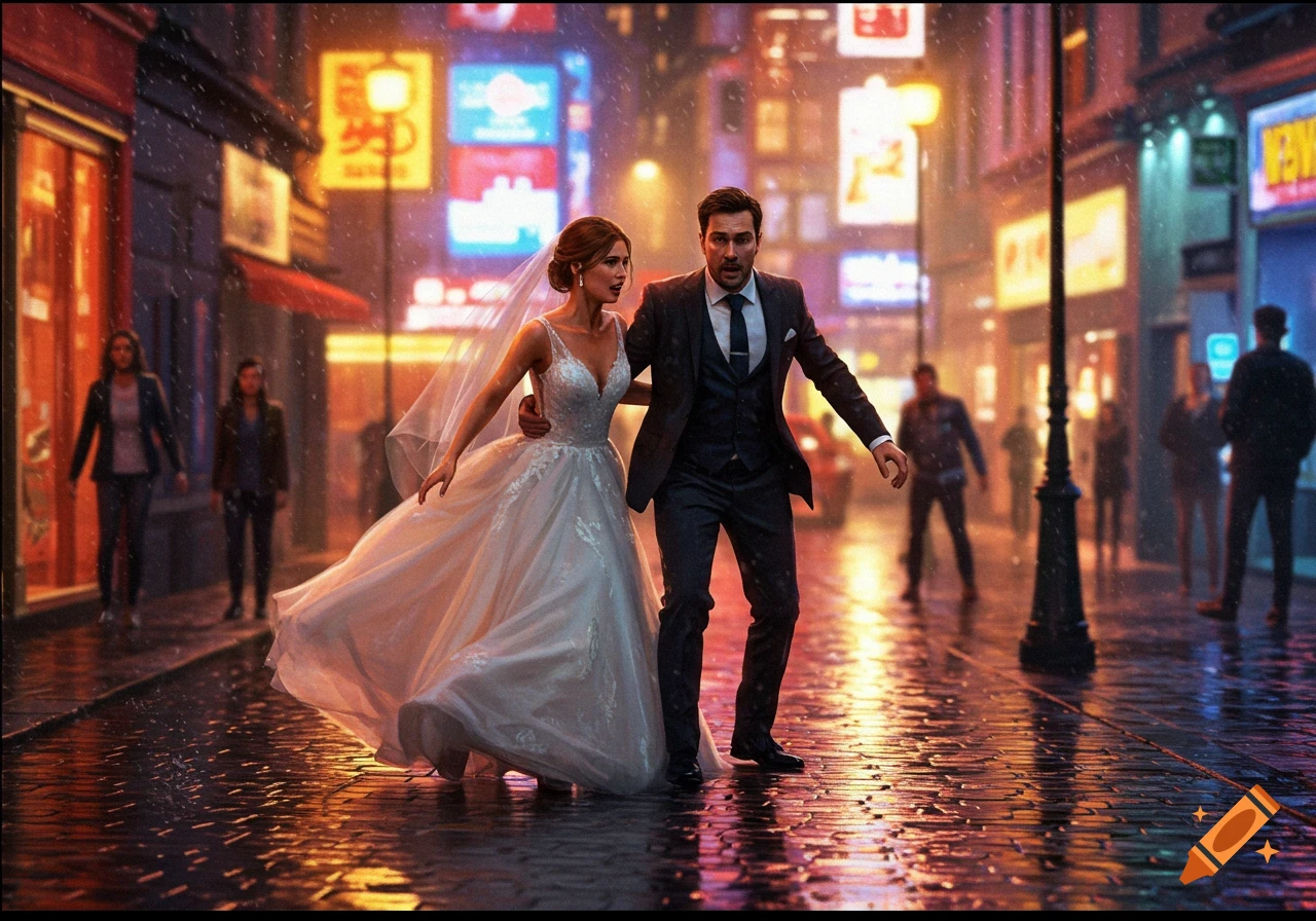 A surprised groom in a tuxedo is pulled by his bride in a white wedding dress through a rainy, neon-lit city street at night.