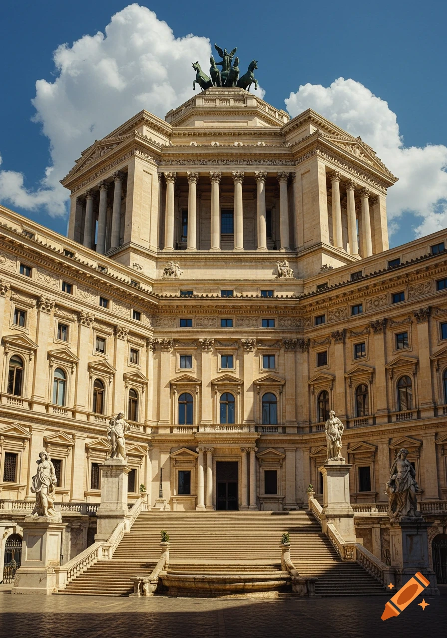 Grand classical building with a central dome topped by a quadriga statue, flanked by ornate wings and a wide staircase under a blue sky.