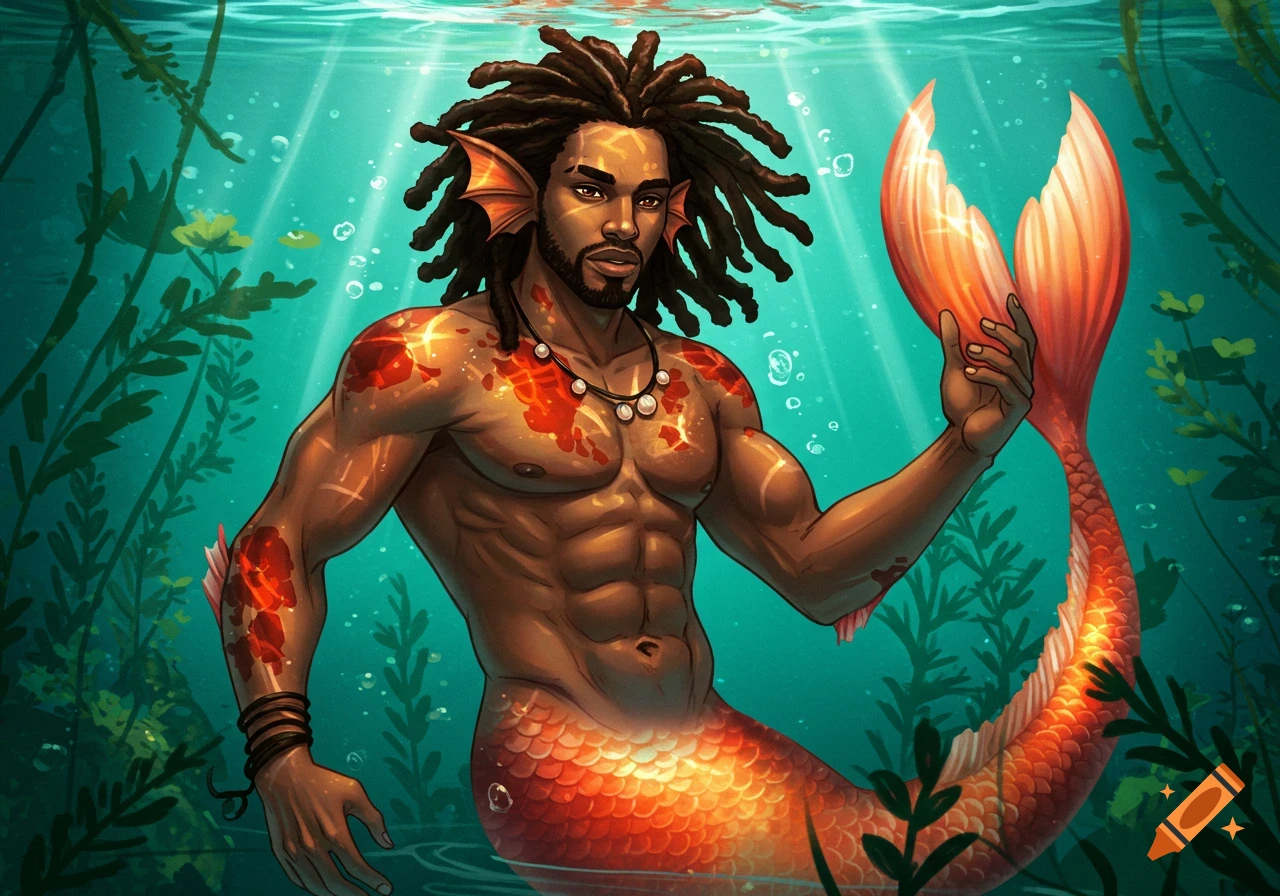 A muscular Black merman with dreadlocks and a beard, wearing a shell necklace, swims underwater with an orange koi fish tail.