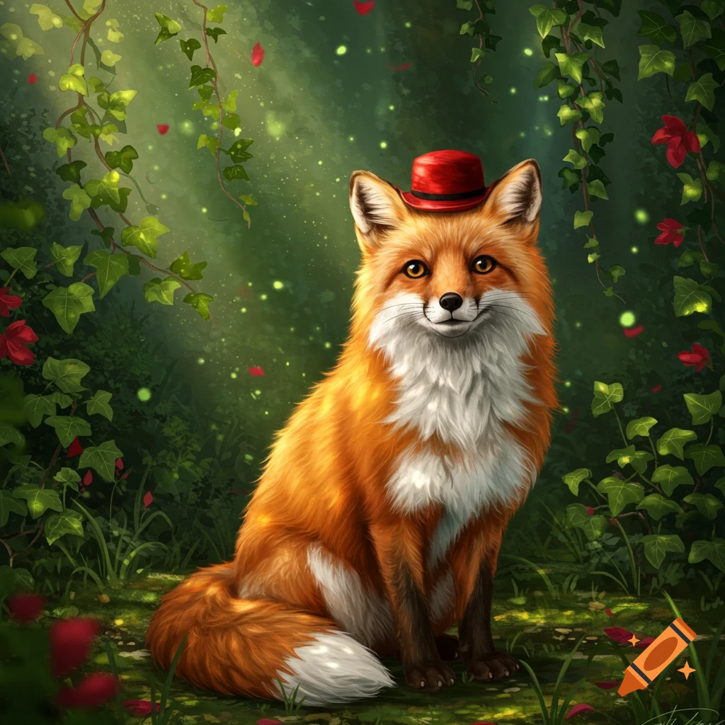 A cute orange fox with a red hat sits amidst ivy and glowing particles in an enchanted forest. Digital painting.