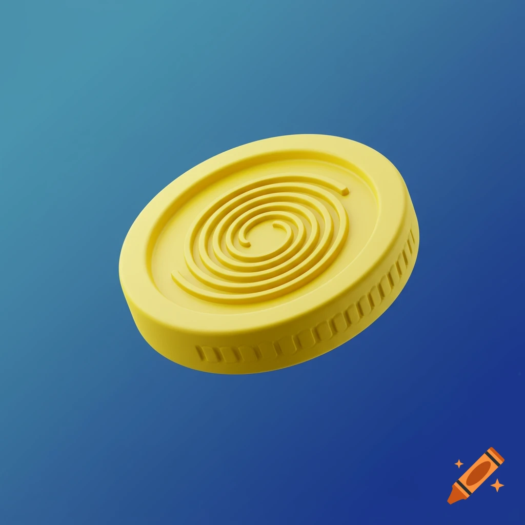 A tilted yellow disc with a raised spiral pattern against a blue background, in a minimalist style.