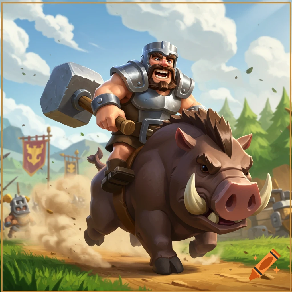 A stylized cartoon warrior in armor riding a wild boar while wielding a hammer, kicking up dust in a fantasy setting.