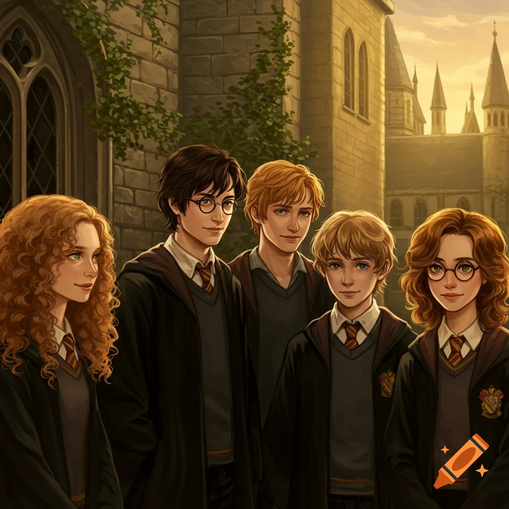 Five young students in robes stand in front of a castle, depicted in an anime illustration style.