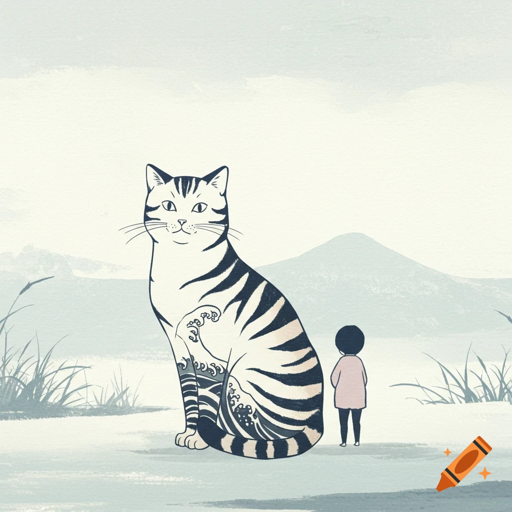 A huge striped cat with Hokusai wave tattoos sits next to a small child in a minimalist landscape with mountains.