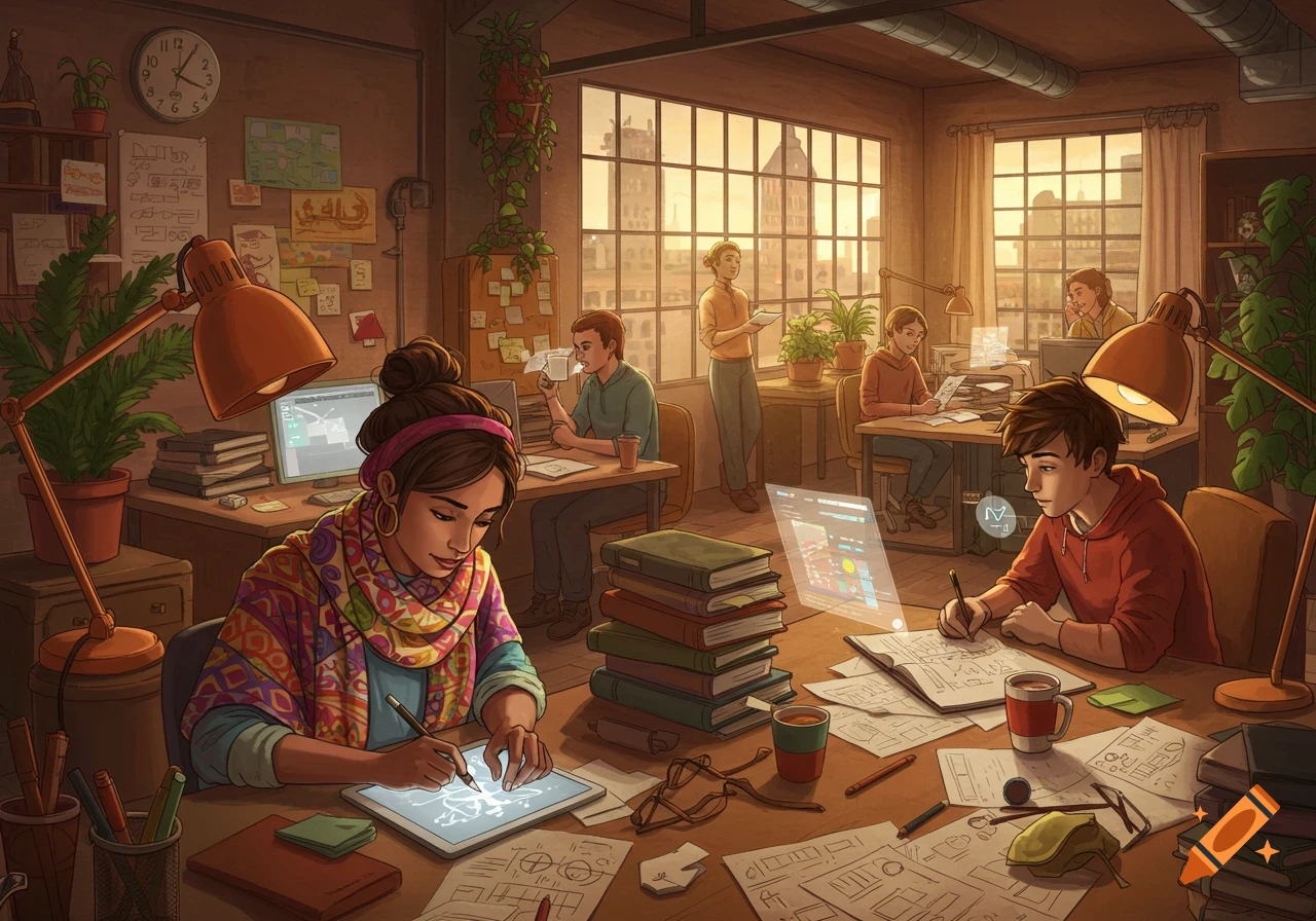 An illustrated group of designers and architects working at their desks in a warm-toned, plant-filled office. One woman sketches on a tablet, while others work on computers and papers, with a city visible through large windows.