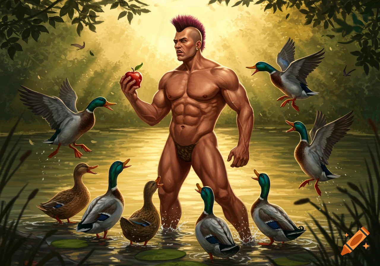 A muscular man with a mohawk and a loincloth stands in water, holding an apple, surrounded by ducks.
