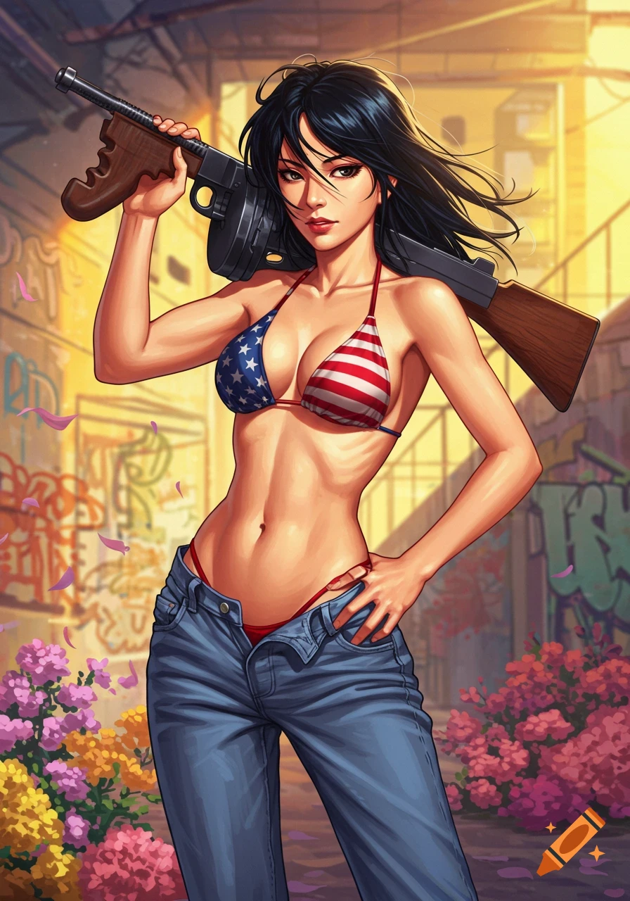 Anime woman in an American flag bikini top and loose jeans holds a Tommy gun on her shoulder in an alleyway with graffiti and flowers.