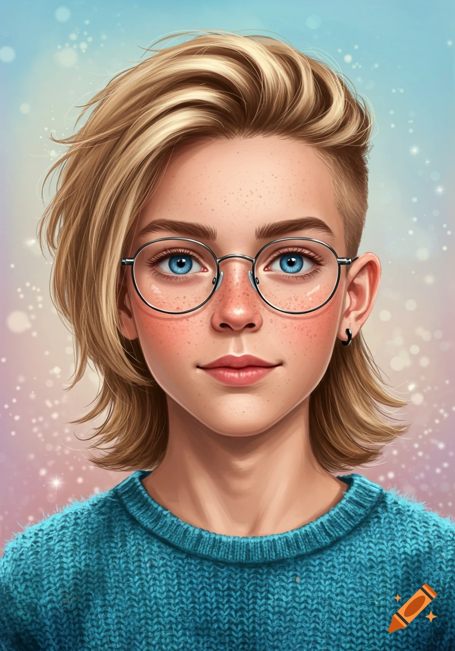 Close-up illustration of a blond boy with blue eyes, freckles, round glasses, and a blue-turquoise sweater.