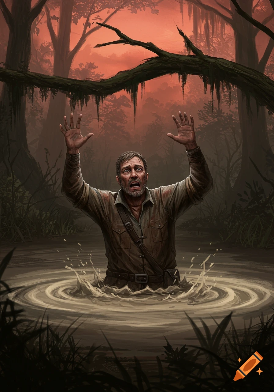 A distressed man sinking in muddy water in a dark, ominous swamp, hands raised in panic. Dramatic illustration.