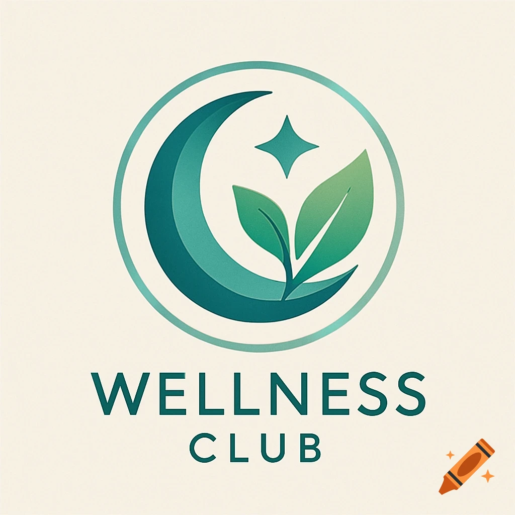 A modern wellness club logo with a crescent moon, star, and leaves in calming green and blue, text reads 'WELLNESS CLUB'.