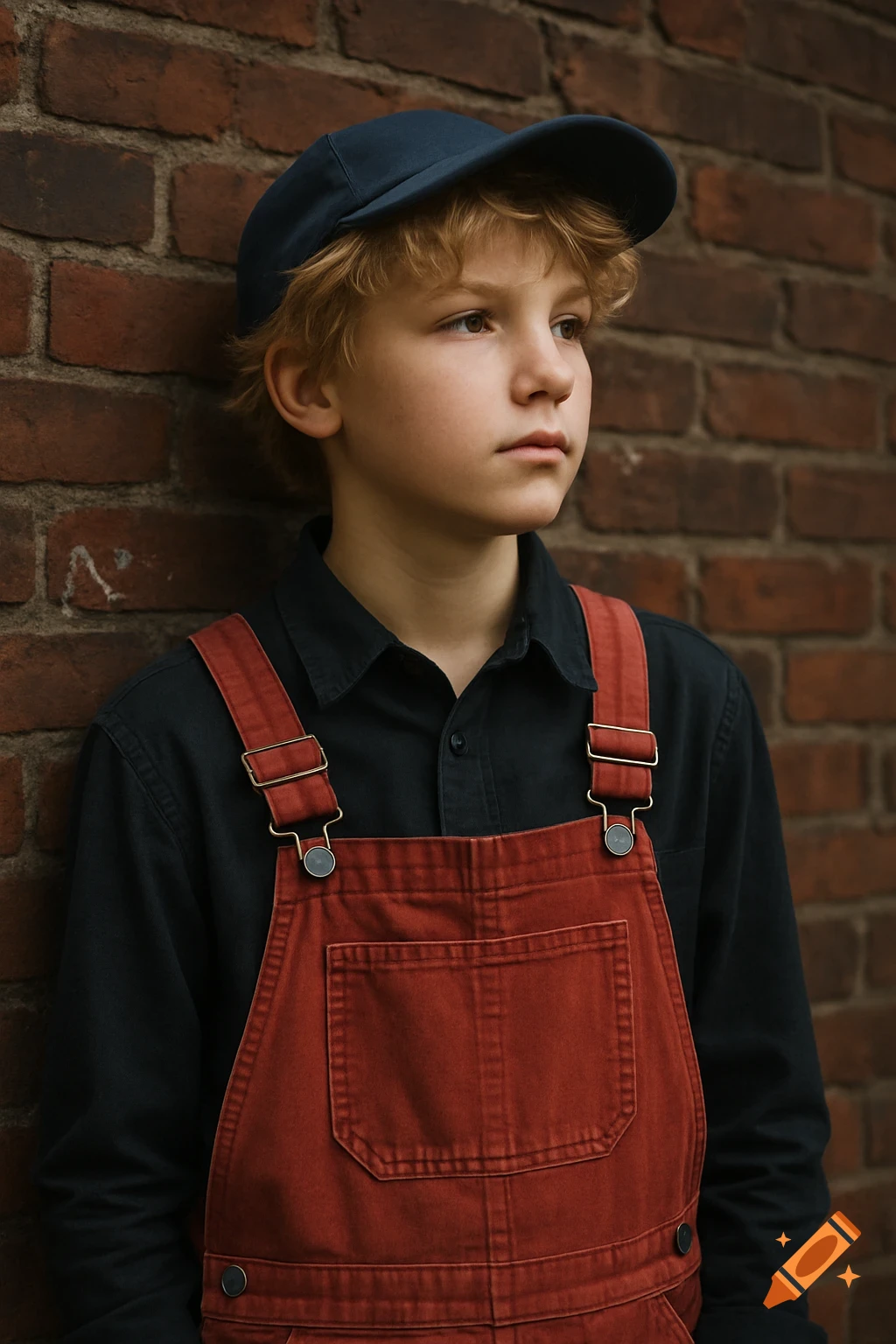 A blonde boy in a navy cap, black shirt, and red overalls leans against a brick wall, gazing thoughtfully.