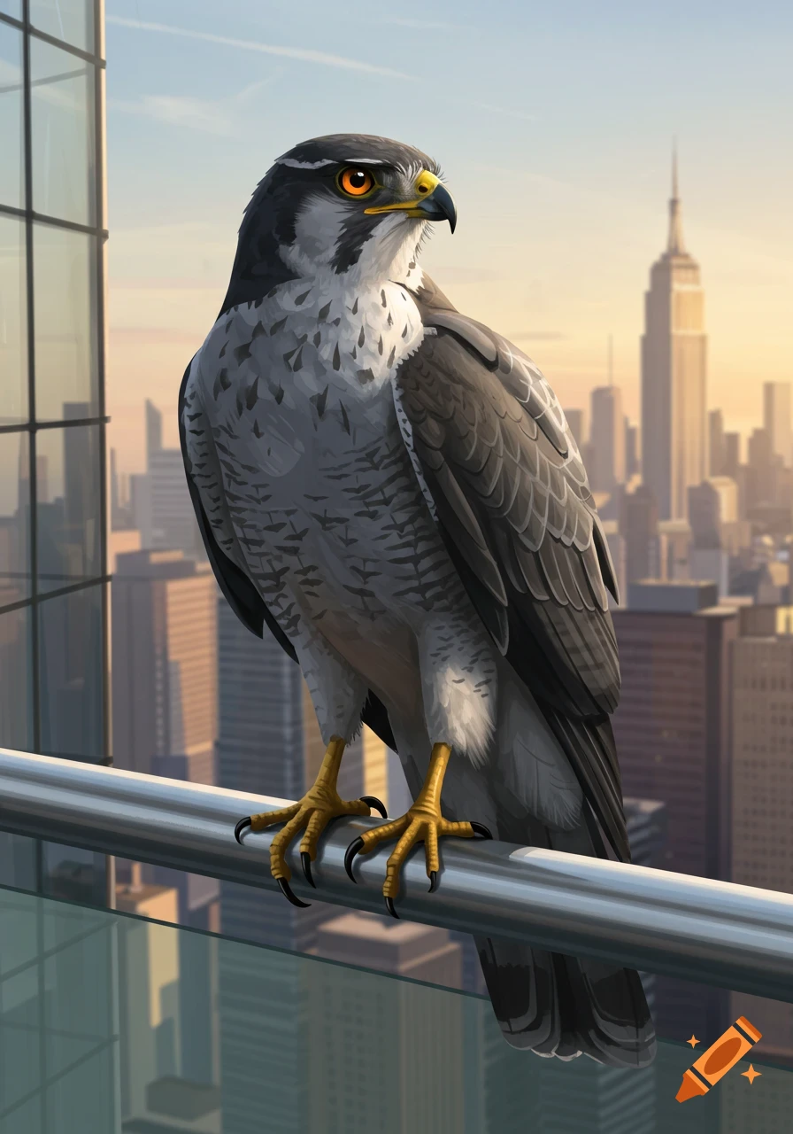 A stylized illustration of a hawk perched on a metal railing, overlooking a city skyline at sunset.