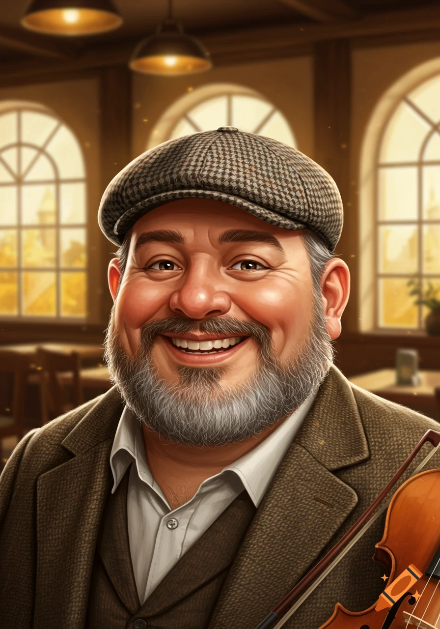 Illustrated portrait of a smiling bearded man in a cap, holding a violin in a warm, windowed room.