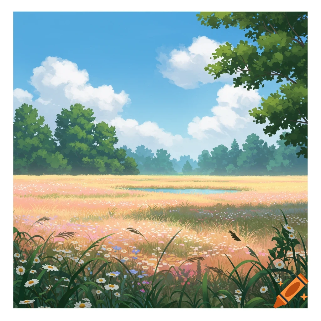 A vibrant anime landscape with a field of golden and pink wildflowers, green trees, a small pond, and a blue sky with fluffy white clouds.