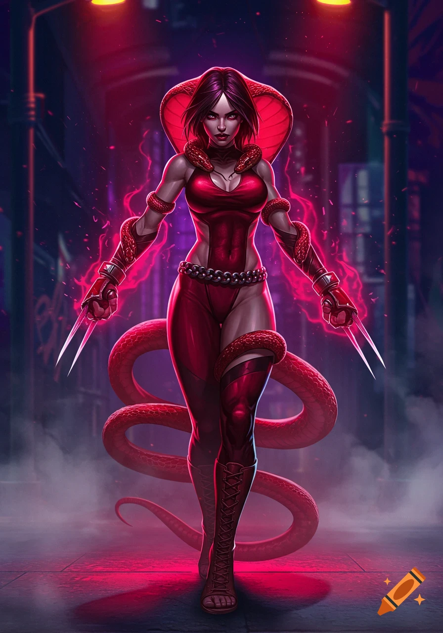 A stylized female character with a cobra hood, red suit, and glowing energy stands in a dark, red-lit street.