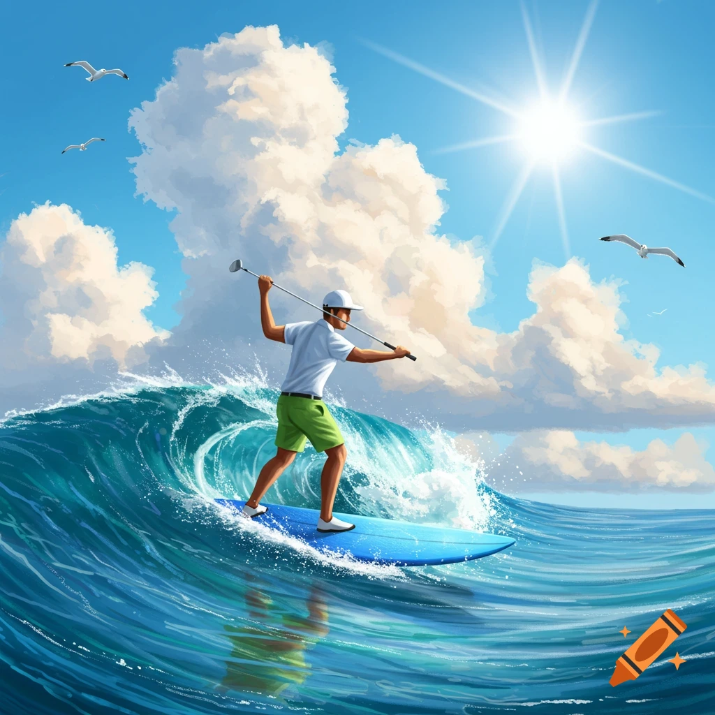 A man in a white shirt and green shorts surfs a blue wave on a surfboard, holding a golf club, under a sunny, cloudy sky with seagulls.