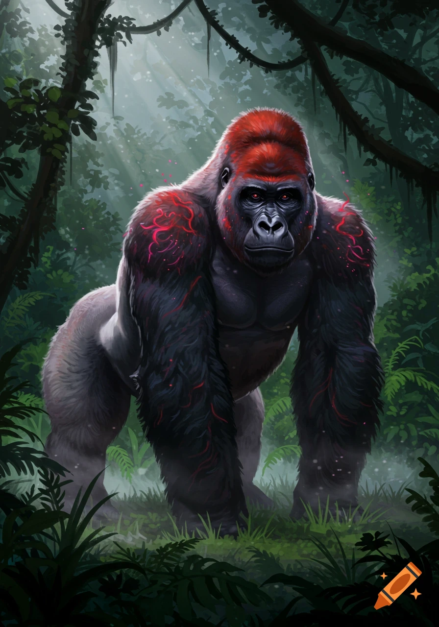 A majestic silverback gorilla with red glowing fur patterns and eyes stands in a misty, sun-dappled jungle. Digital fantasy illustration.