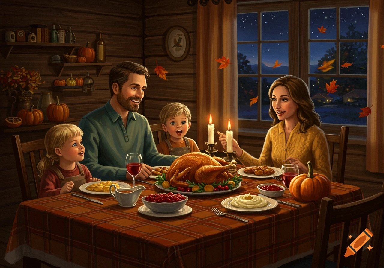 A smiling family of four gathers around a Thanksgiving dinner table with a roasted turkey, in a cozy cabin setting with fall leaves outside the window.