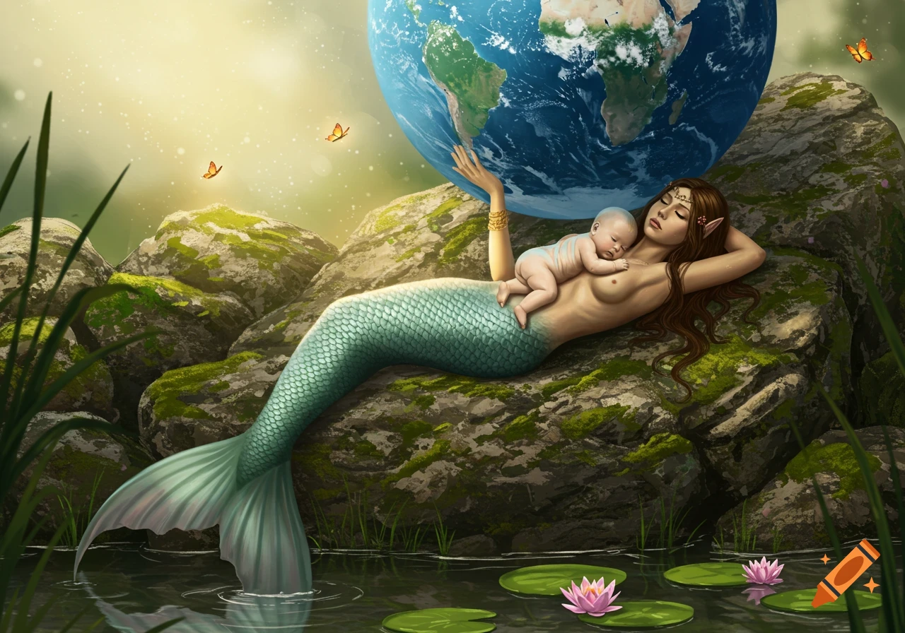 Fantasy illustration of a mermaid-like woman holding a sleeping baby on her chest while also holding a large Earth globe, on mossy rocks by water.