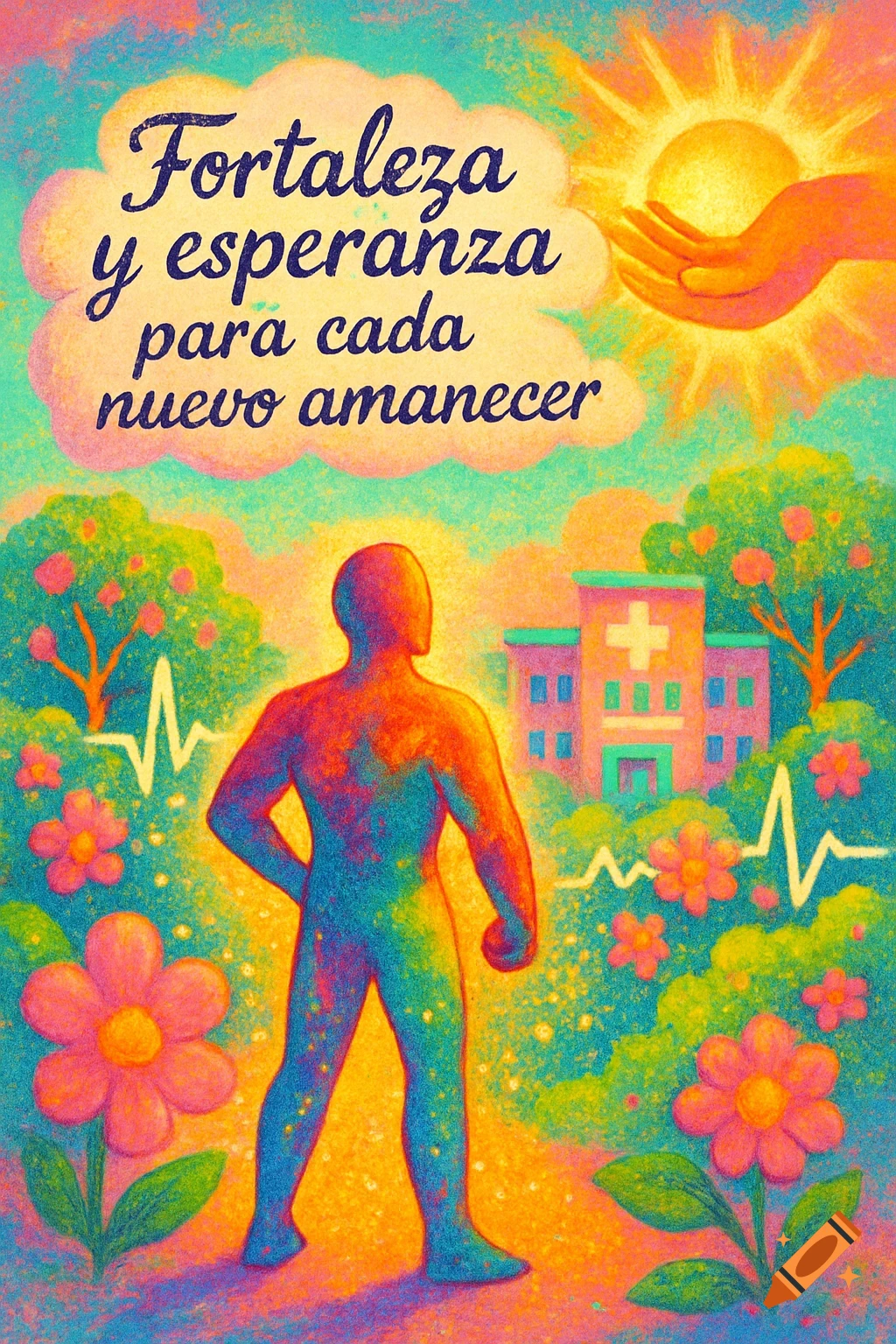 Colorful abstract illustration with a person, hospital, and flowers, featuring Spanish text about strength and hope.