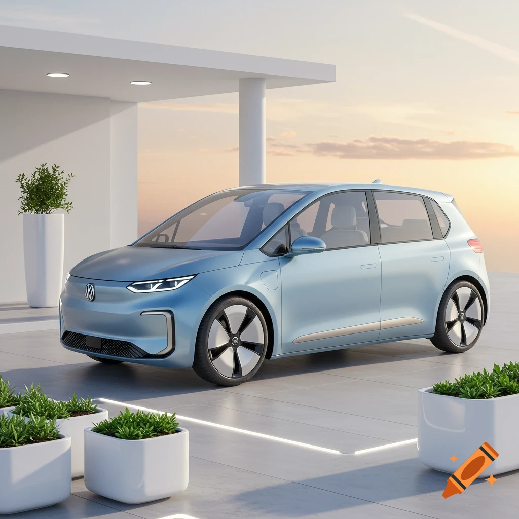 A sleek light blue electric car, possibly a concept car, parked in front of a modern white building with potted plants. The car has a futuristic design and a clean aesthetic.
