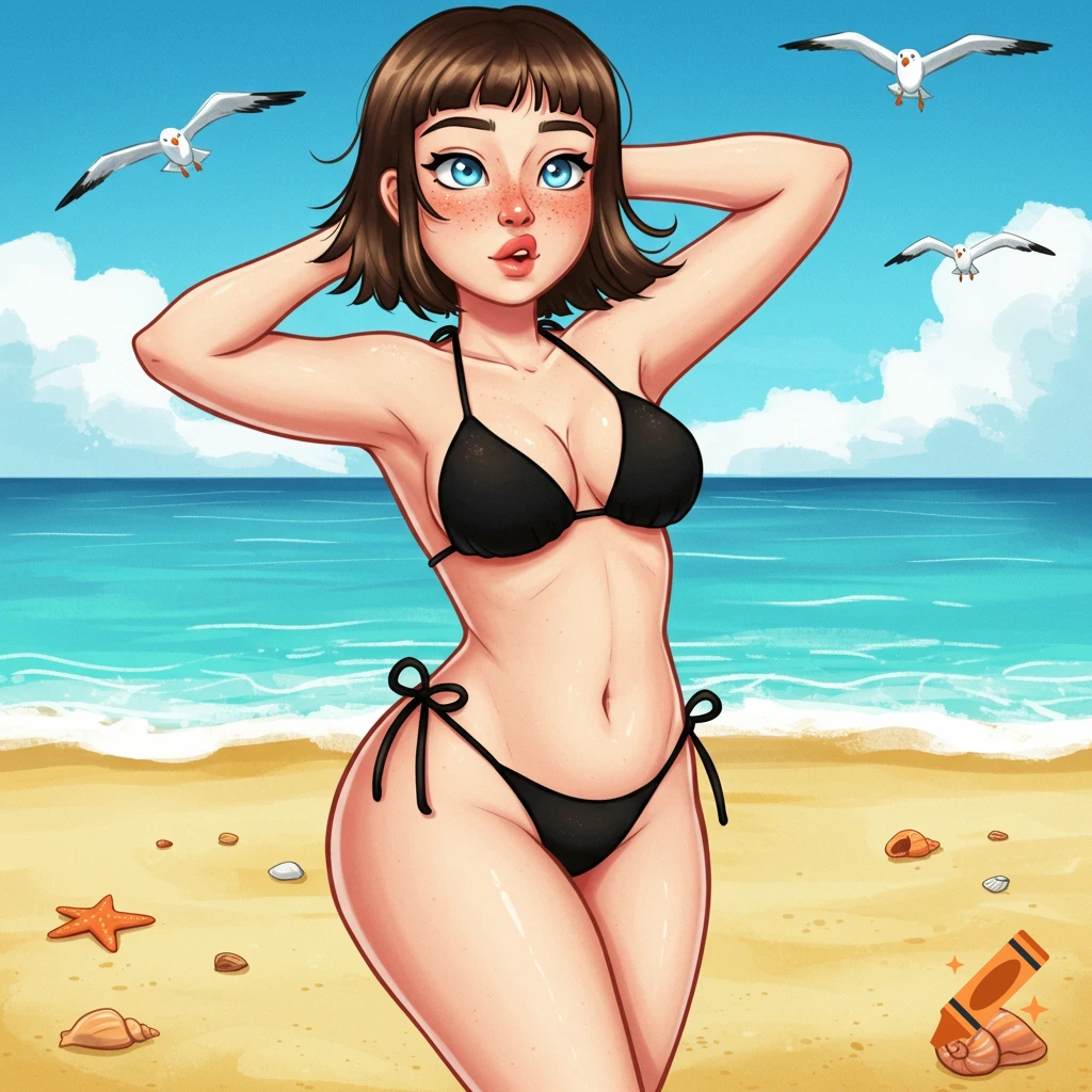 Cartoon of a curvy young woman in a black bikini posing on a sunny beach with seagulls and ocean.