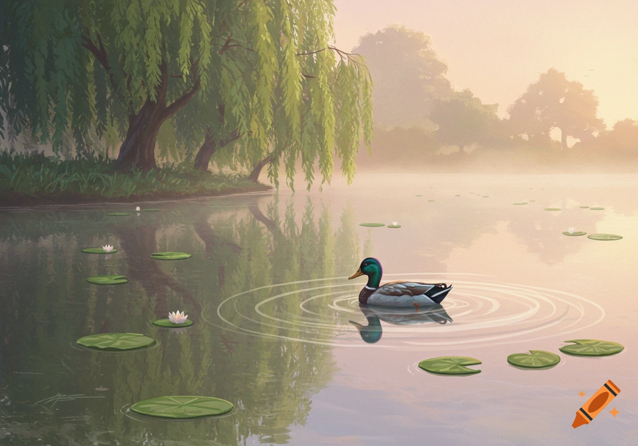 Illustration of a mallard duck swimming in a misty pond with lily pads and weeping willow trees.