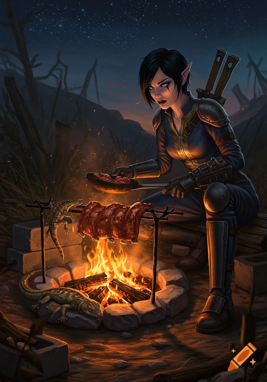 A fantasy woman with elven ears in a vault suit cooks ribs and a lizard over a campfire in a desolate landscape at night, stars visible.
