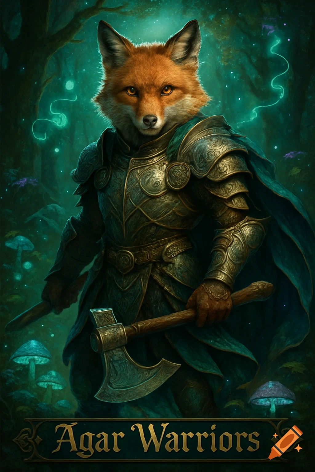 An anime-style fox warrior in ornate armor and a cloak, wielding an axe, stands in a magical glowing forest. Banner reads 'Agar Warriors'.