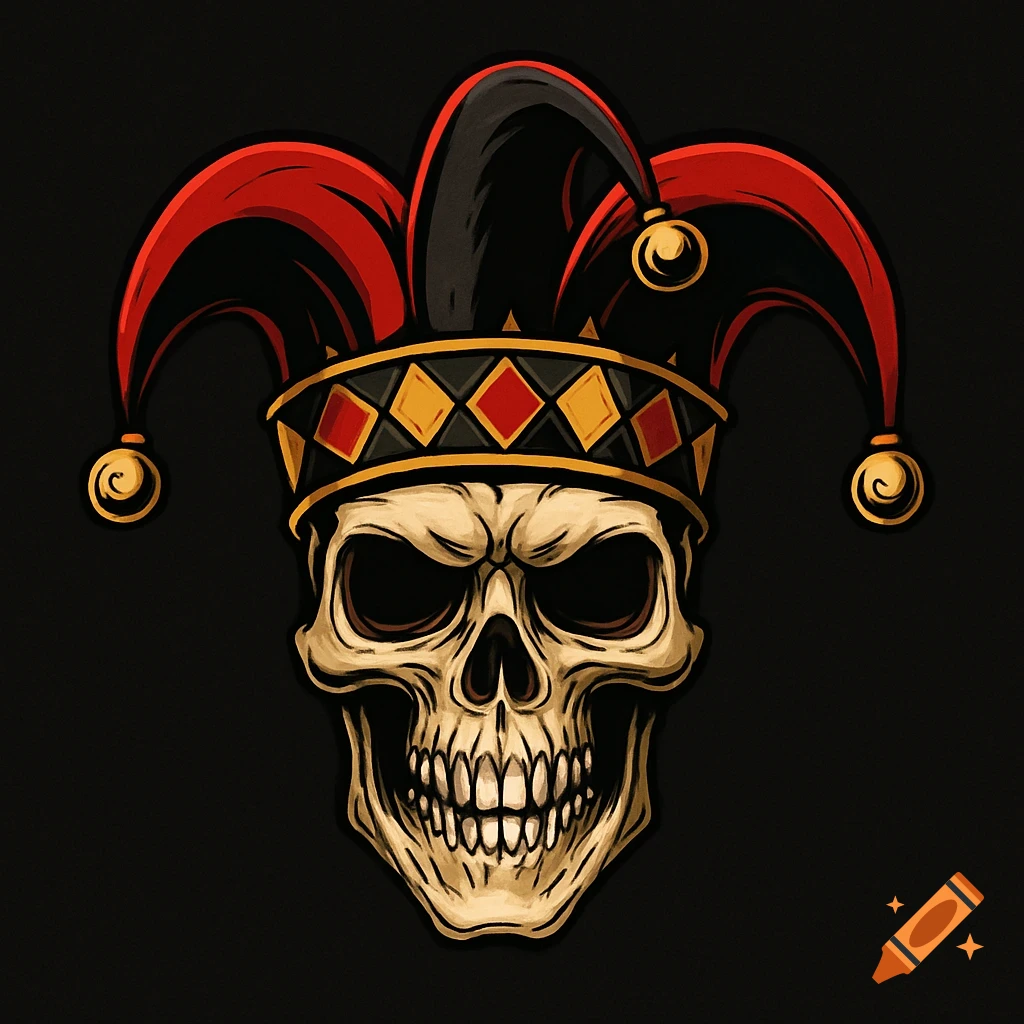 Stylized illustration of a skull wearing a red and black jester hat with gold bells and a decorative crown.