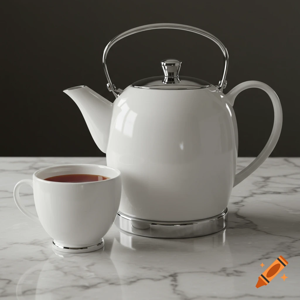 A modern, elegant white ceramic teapot with chrome accents and a matching teacup filled with tea, on a white marble surface.