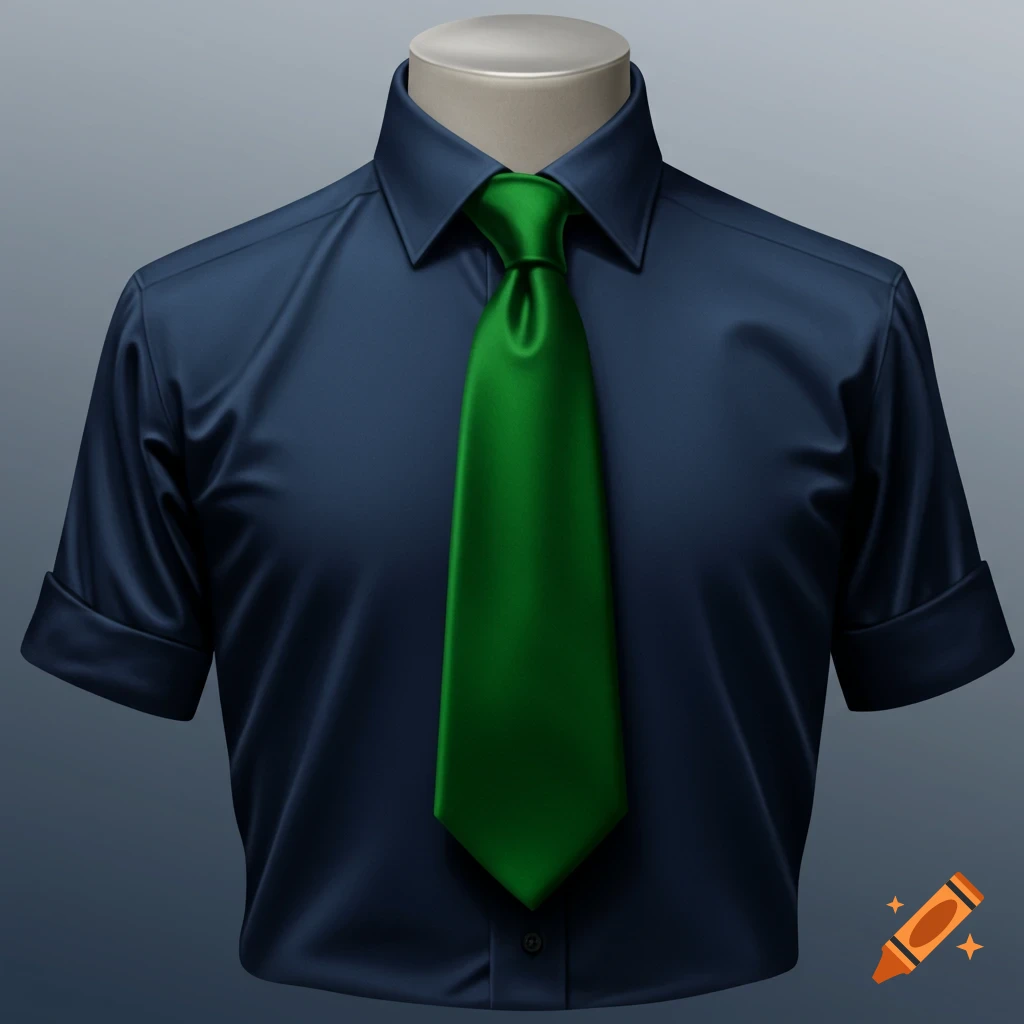 A dark blue shirt with rolled short sleeves and a vibrant green tie on a mannequin.