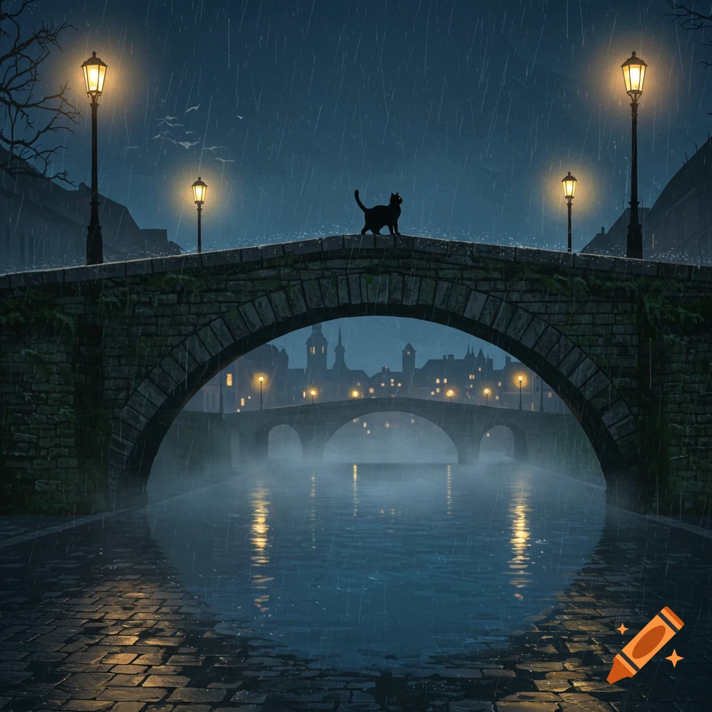 A black cat stands on a stone bridge over a river on a rainy night, illuminated by streetlights, with a distant city.