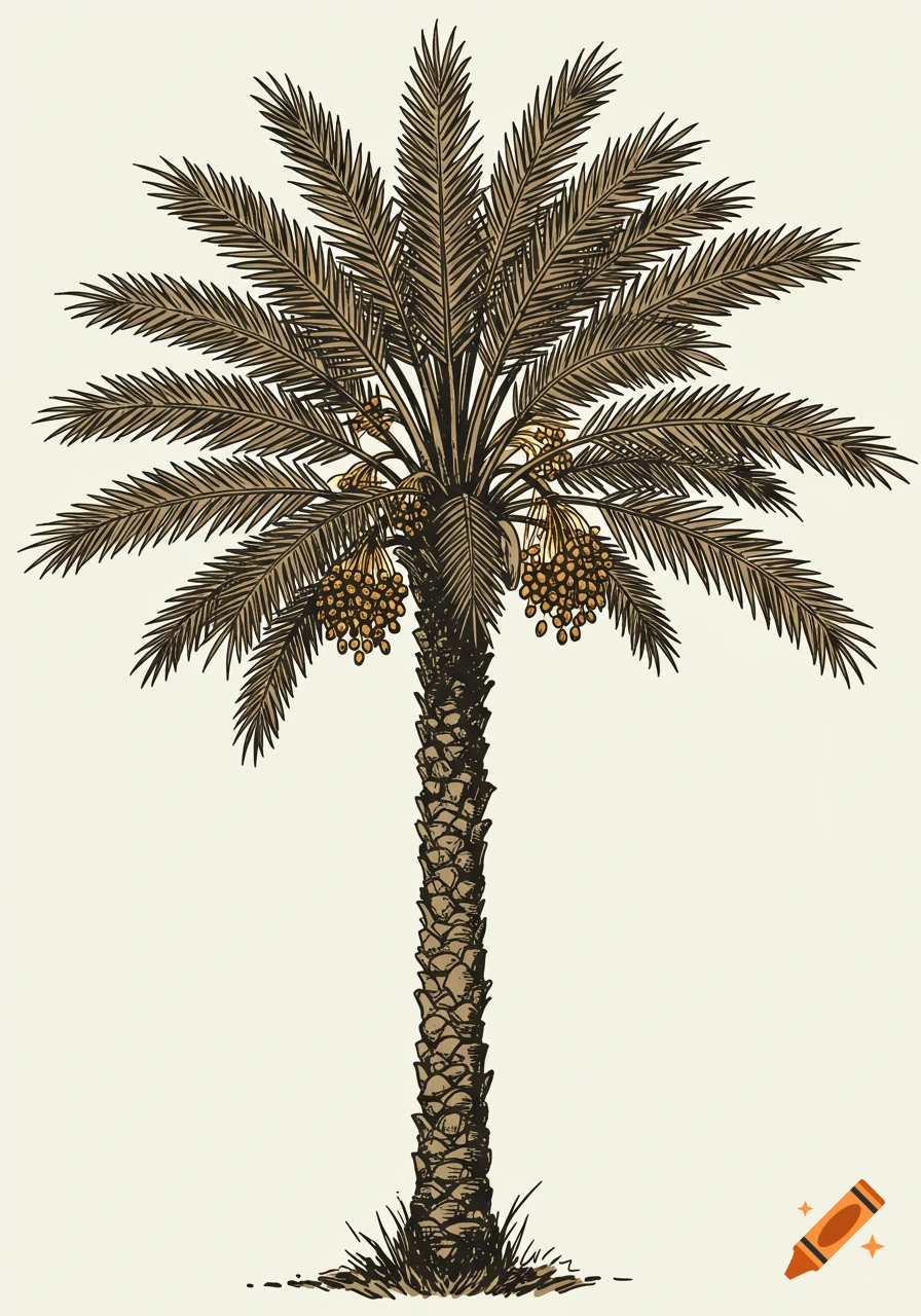 A detailed vintage comic illustration of a date palm tree with clusters of dates, hand-sketched with thick black outlines and sepia tones.