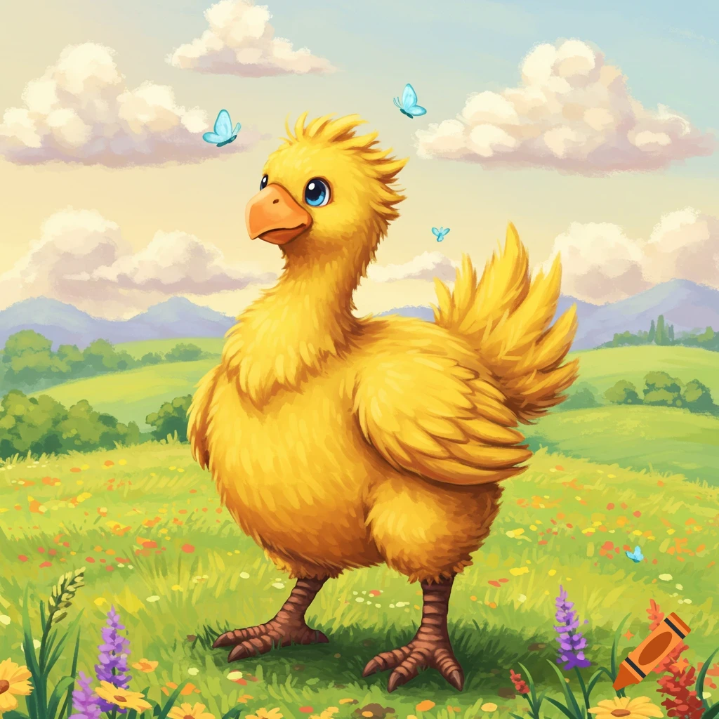 A fluffy yellow cartoon chocobo with blue eyes stands in a vibrant green meadow with colorful flowers and butterflies under a cloudy sky.