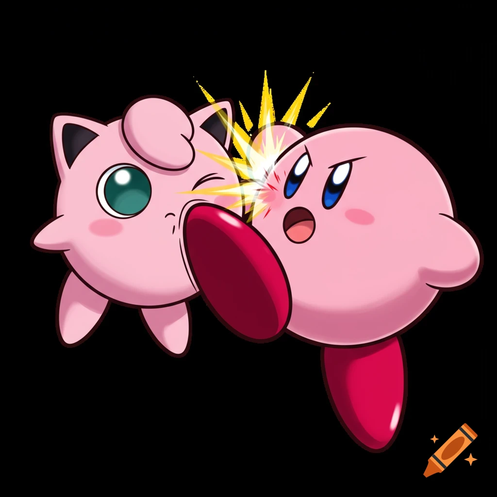 Jigglypuff kicks Kirby in the face, drawn in an anime style on a black background.