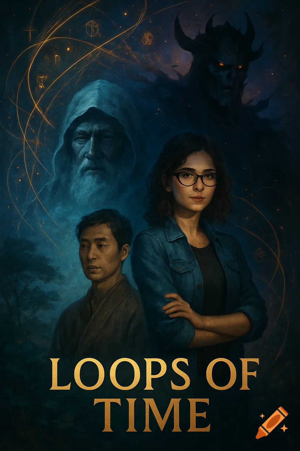 A fantasy book cover featuring a wizard, a woman in glasses, an Asian man, and a demon, with 'LOOPS OF TIME' at the bottom.